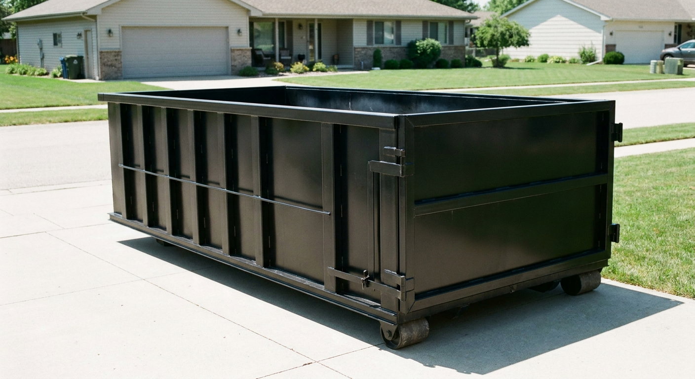 Matte-black 10-yard roll-off dumpster on a residential concrete driveway in Munster, uniformly painted matte black across every panel and rail, ribbed steel sidewalls and rear swing door visible, mid-day daylight.