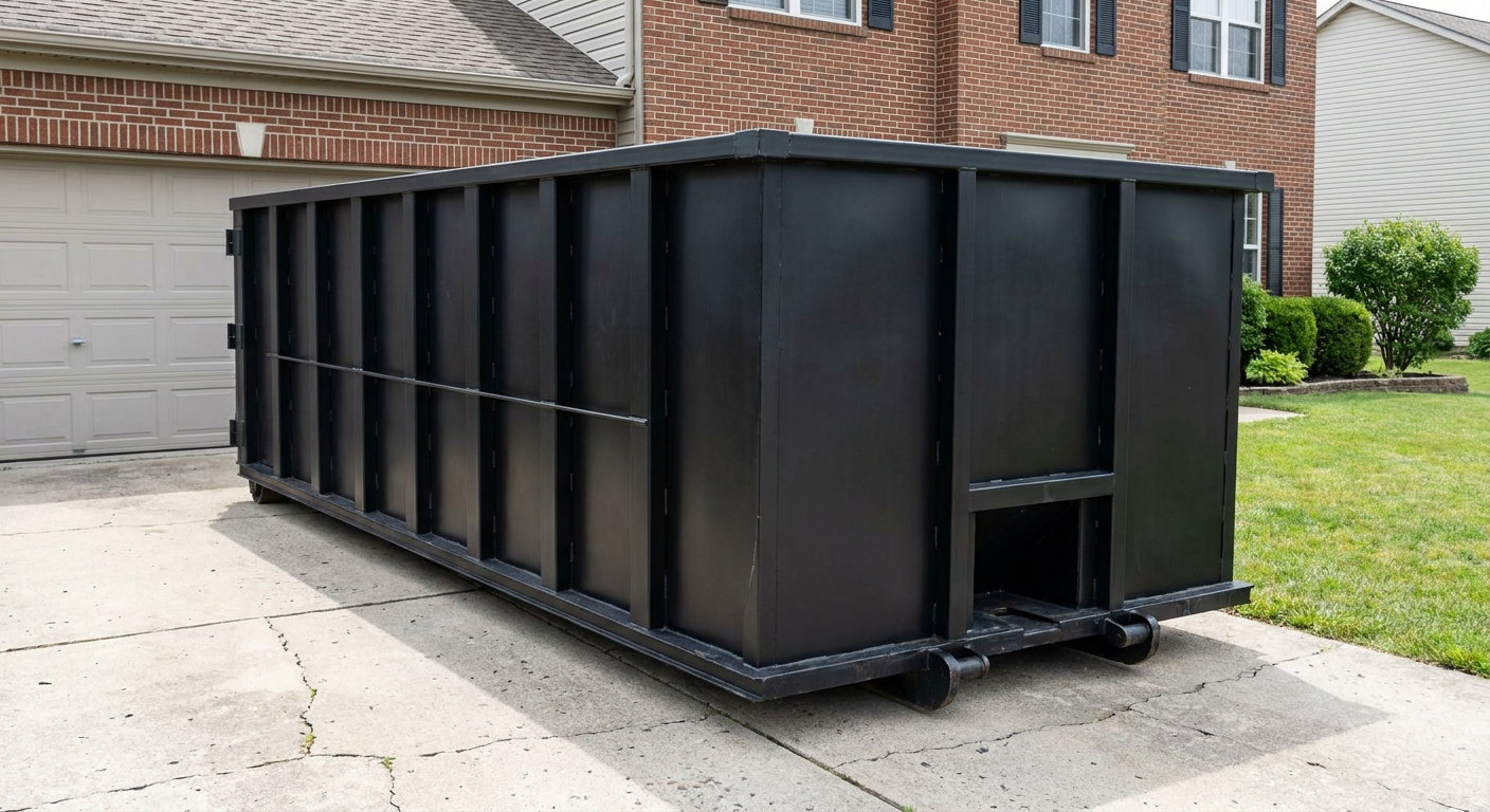 Matte-black 20-yard roll-off container on a Munster residential concrete driveway with reinforced ribbed steel sidewalls and a hinged rear walk-in door, clean bright daylight.
