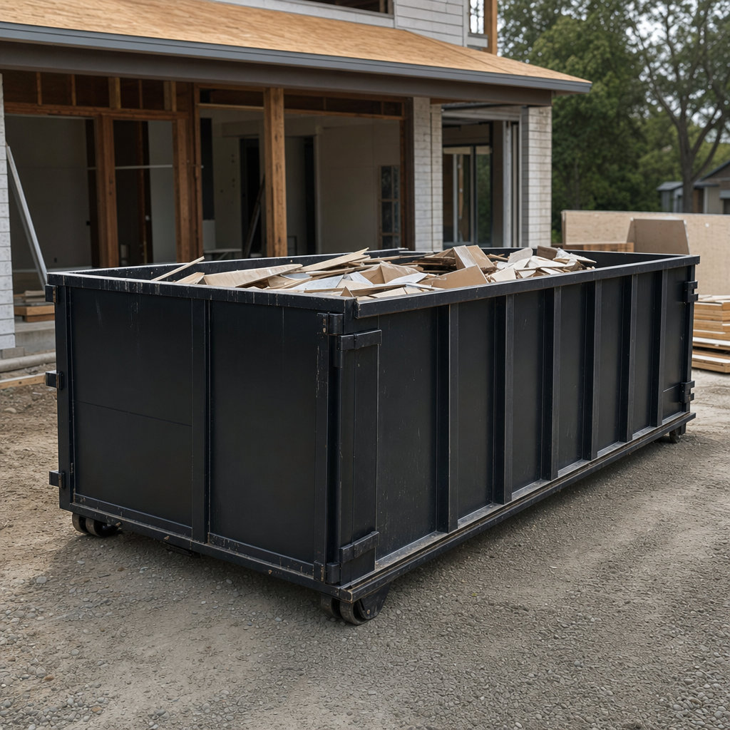 Large matte-black 30-yard construction roll-off dumpster at an active Munster jobsite, steel-gray top rails and bottom rollers visible, loaded with construction debris.