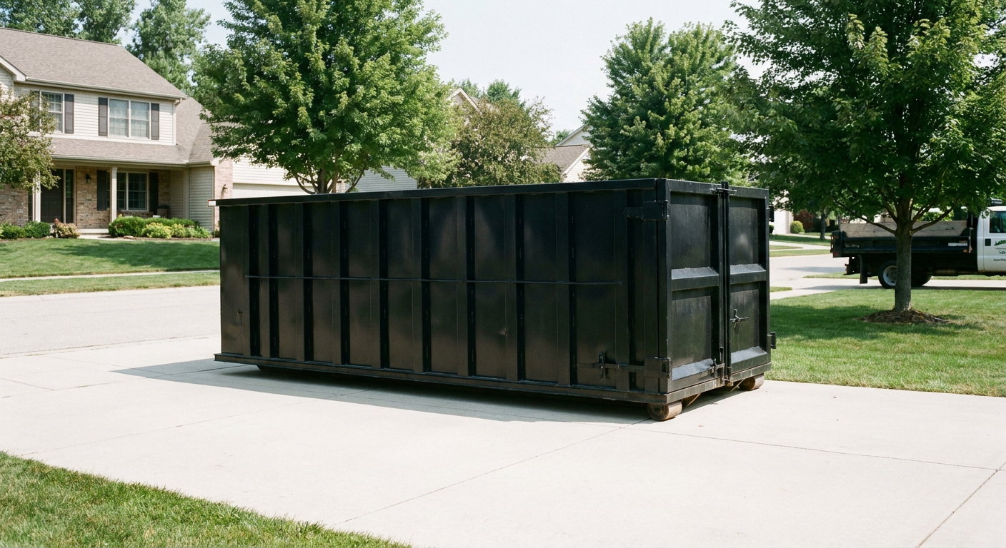 Matte-black 20-yard roll-off dumpster sitting level on a clean Munster residential concrete driveway under bright daylight, demonstrating clean placement directly on the concrete.