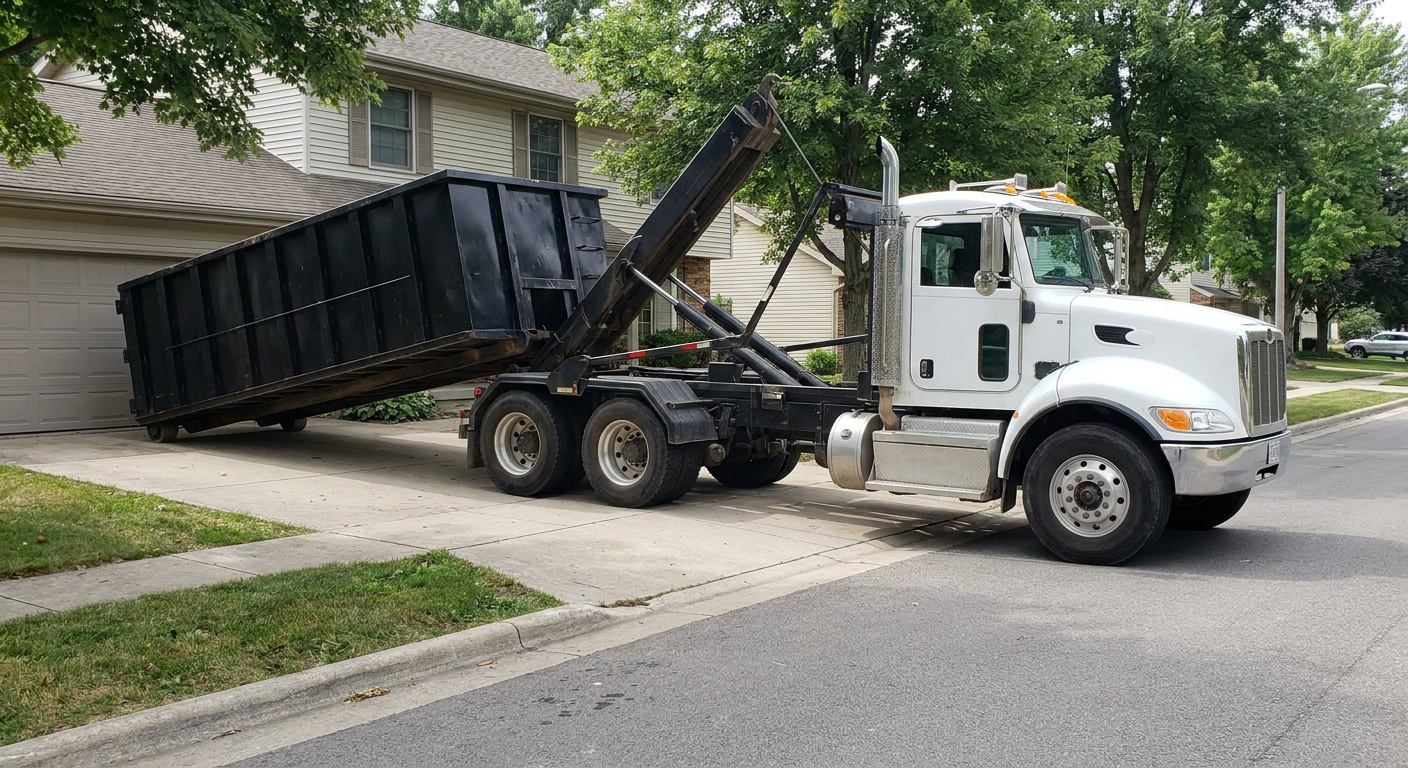 White-cab hooklift roll-off truck actively lowering a matte-black dumpster onto a Munster residential concrete driveway, the dumpster's rear wheels touching the driveway as the hoist arm tilts the bed forward, mid-morning daylight.