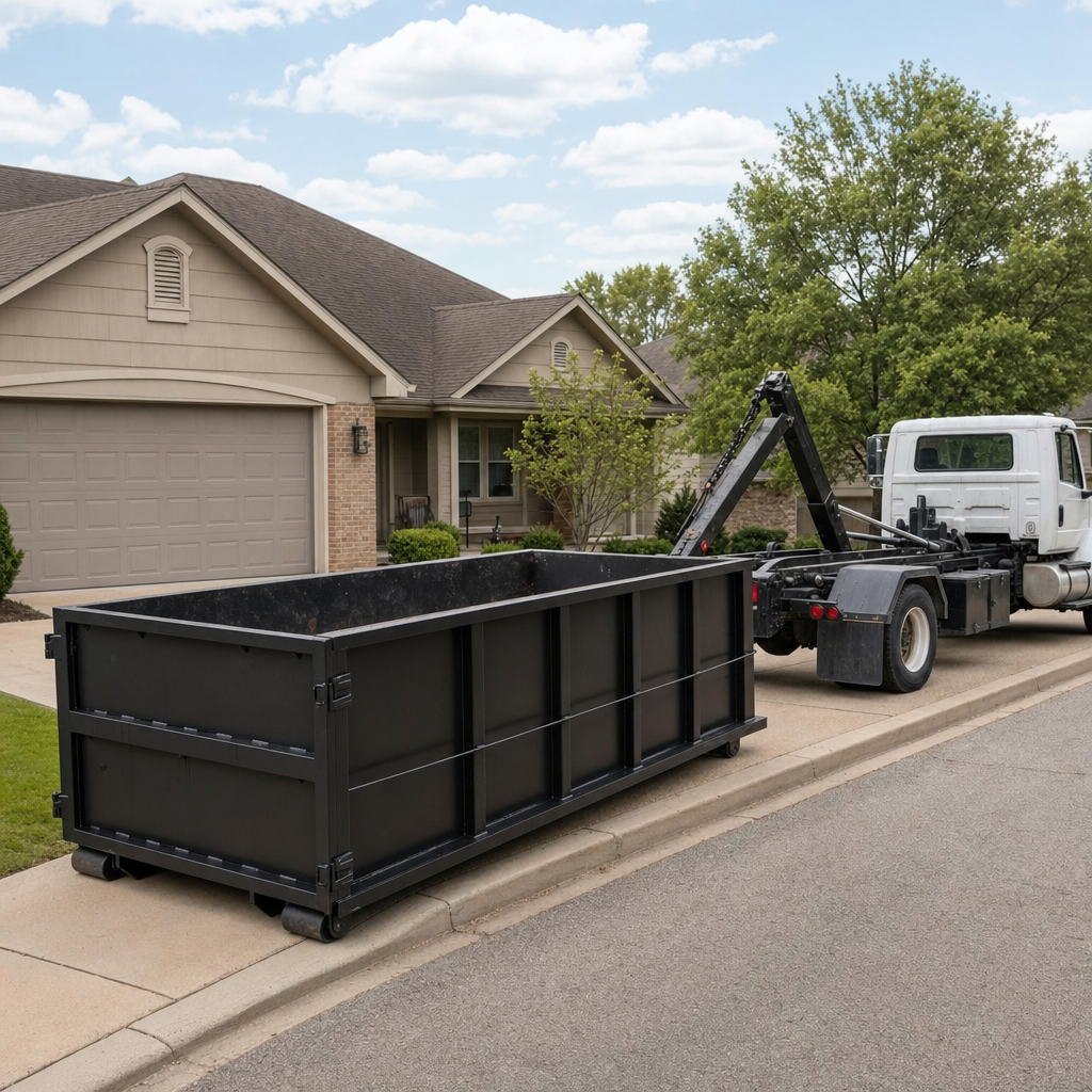 Wide documentary shot of a matte-black roll-off dumpster on a Munster residential driveway in the foreground and a contractor jobsite container in the soft-focus background, bright daylight, calm and orderly composition.