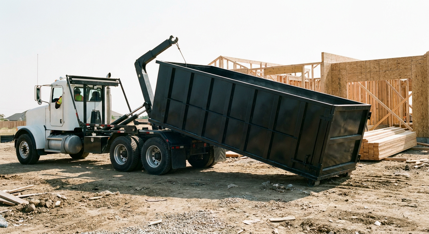 Matte-black roll-off dumpster being delivered onto a clean residential concrete driveway in Munster by an unmarked white hooklift hauler truck, bright morning daylight, documentary 35mm perspective.